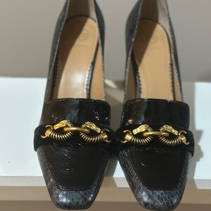 Tory Burch Jessa Size 10.5 Black Gold Mirror Block Heels Mint Condition Python